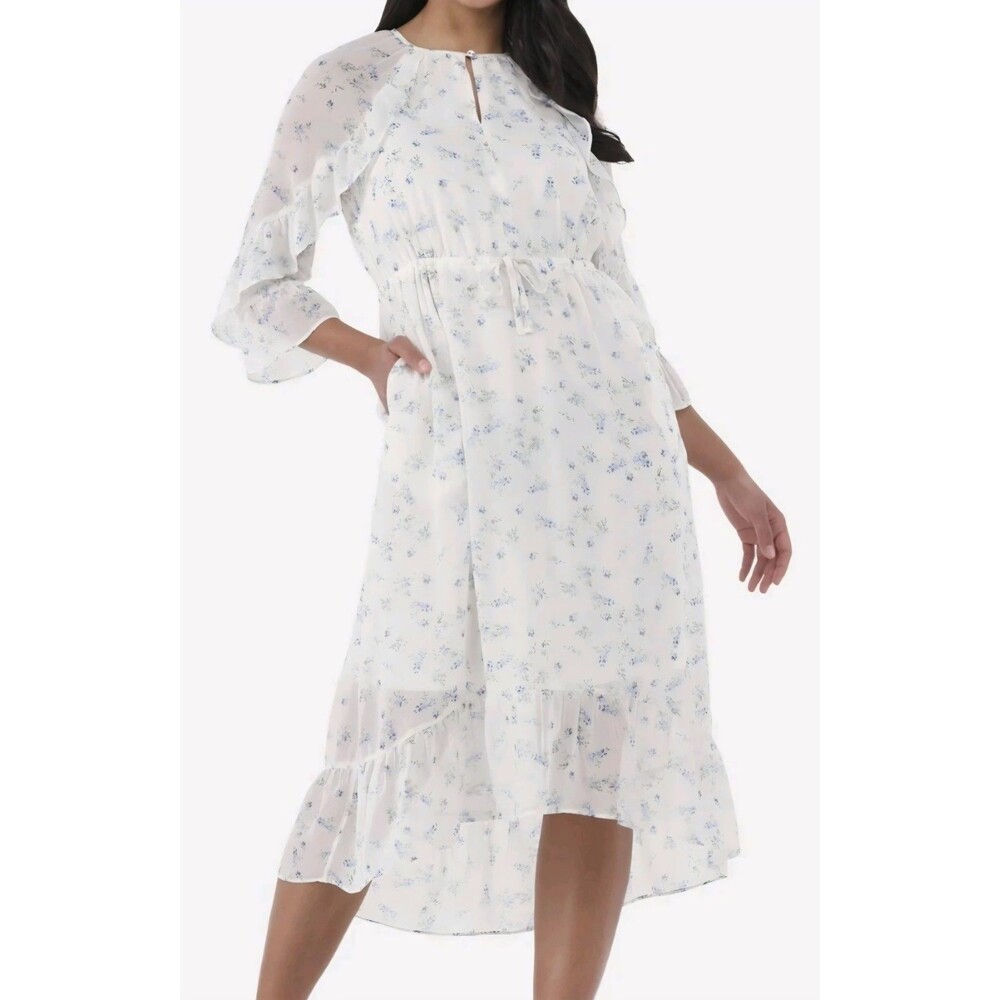TIME And TRU Ivory & Blue Floral Chiffon Hi-Low Dress Cottagecore Size XS (0-2)